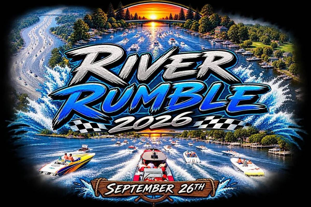 River Rumble 2026 — September 26th. Powerboats running the Chain O' Lakes at sunset.